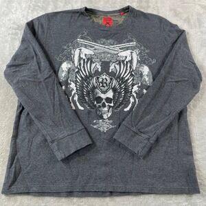 Rock & Roll Cowboy Thermal Shirt Mens XL Gray Skull Wing Pistol Grunge Punk